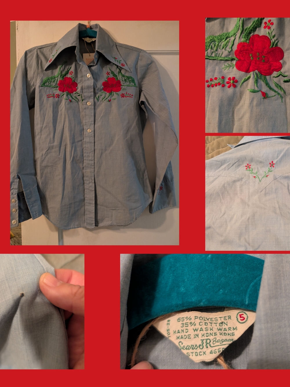 Vintage Sears Roebuck Light Blue Embroidered Western Shirt - Red Floral